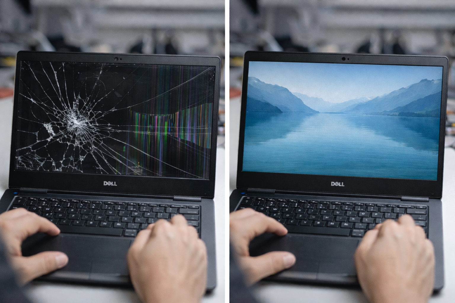 DELL laptop screen repair - before and after comparison