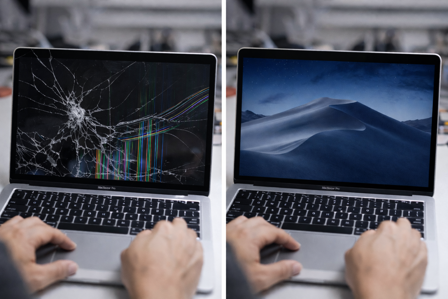 MacBook screen repair - before and after comparison