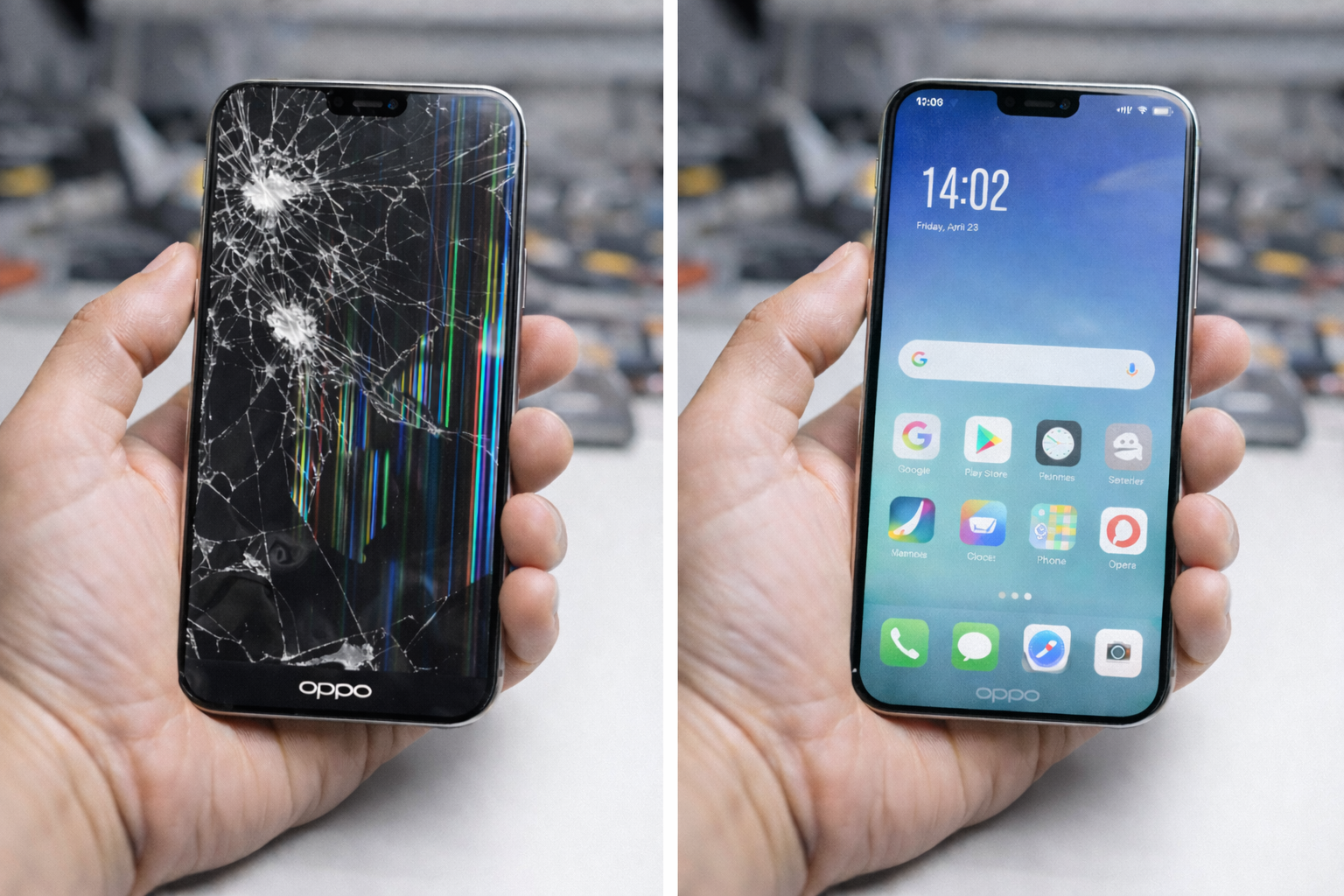 OPPO phone screen repair - before and after comparison